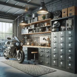 Garage Office Design Ideas with large metal file cabinets to store motorcycle parts-3